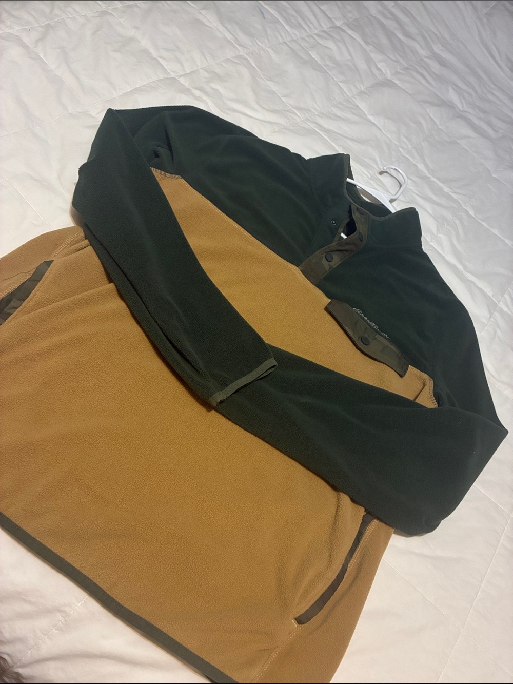 Eddie Bauer Two-Tone Fleece Panel Pullover — Forest Green & Camel Camo Accent